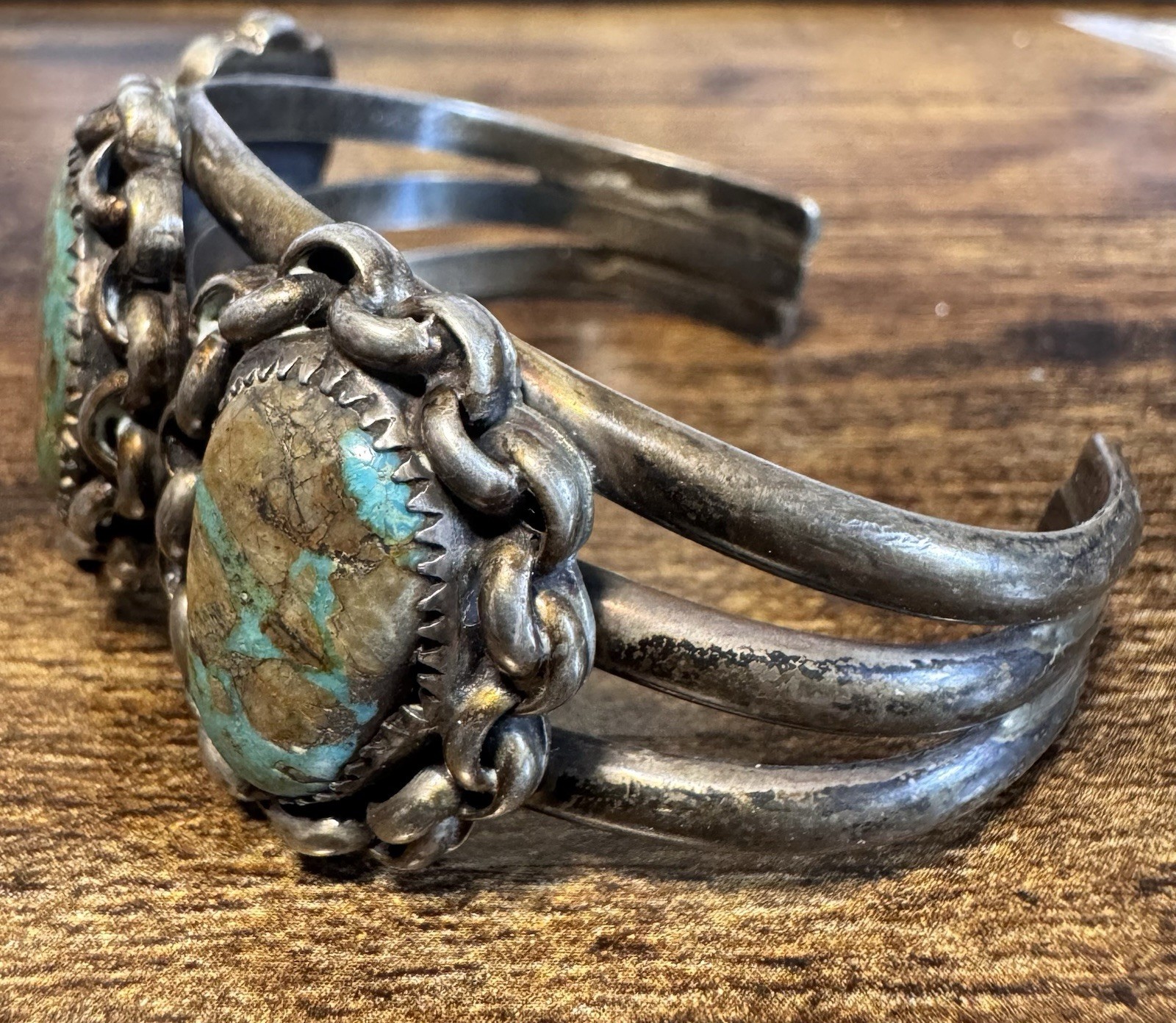 Coin Silver and Turquoise Cuff Bracelet – Early Vintage Southwestern – 1920s-40s
