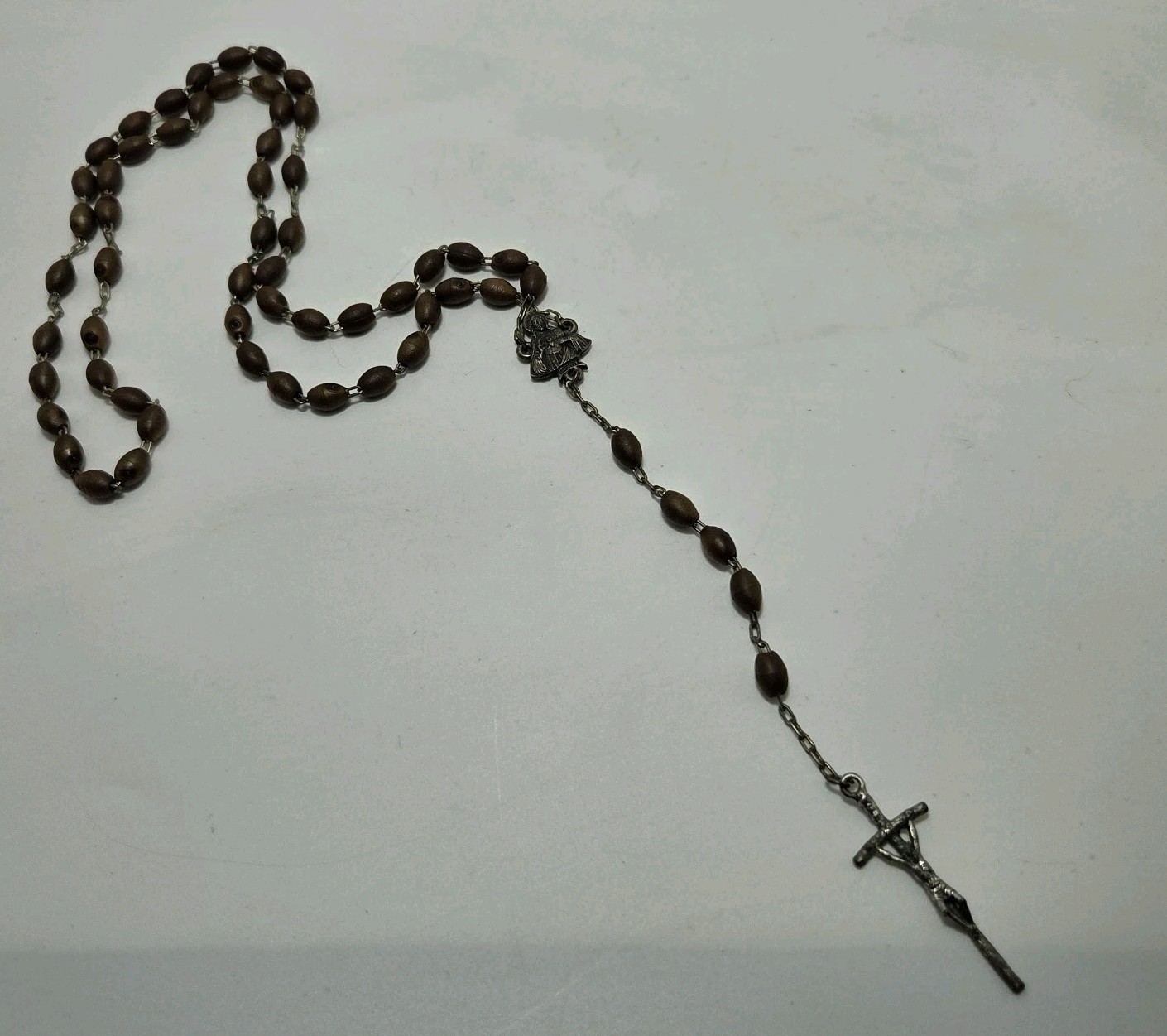 Vintage Ghirella Catholic Cocoa Wooden Bead Rosary Silver Tone Crucifix Italy