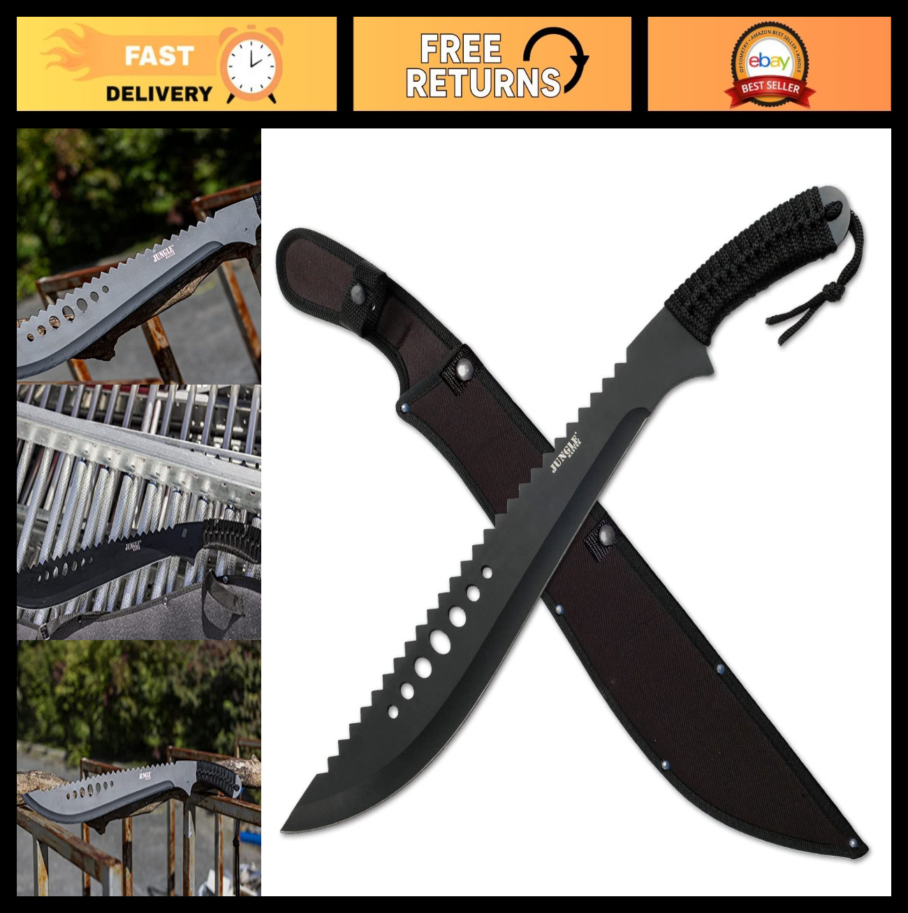 21″ Machete with Reverse Serrations, Full Tang, Cord Wrapped Handle, Nylon Sheat