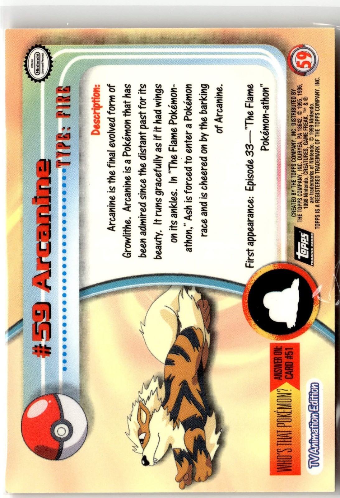 Arcanine Topps Pokemon TV Animation Edition Series 1 59 Base NM