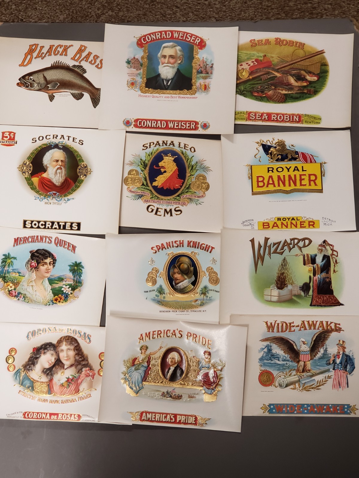Vtg Lot of 12 Early 1900s Cigar Box Labels – Wizard, Socrates, Wide Awake, Bass