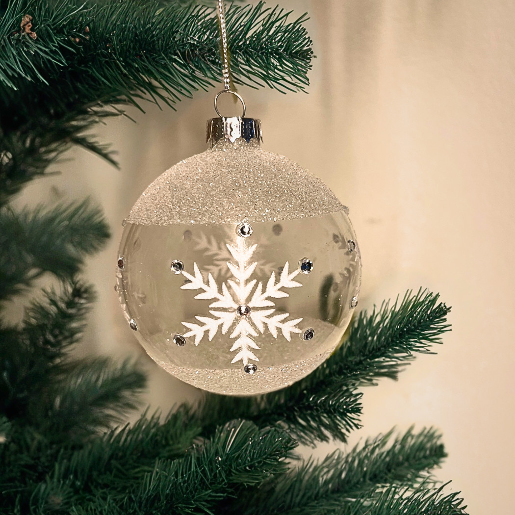 Glass Christmas Ornament Set – Silver Snowflake – 8cm – 6 Pack