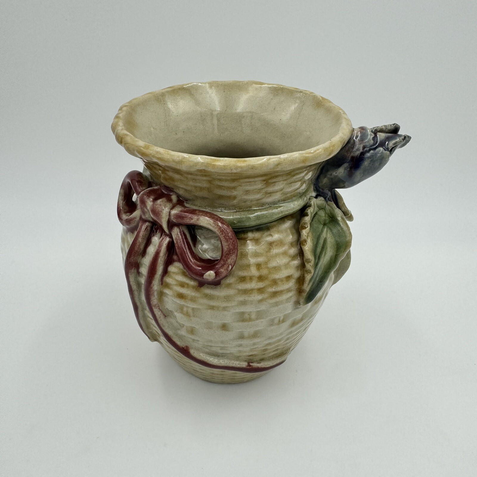 Vintage Majolica Base with Basket Weave Applied Tulip Flower & Bow Signed 5.5”H