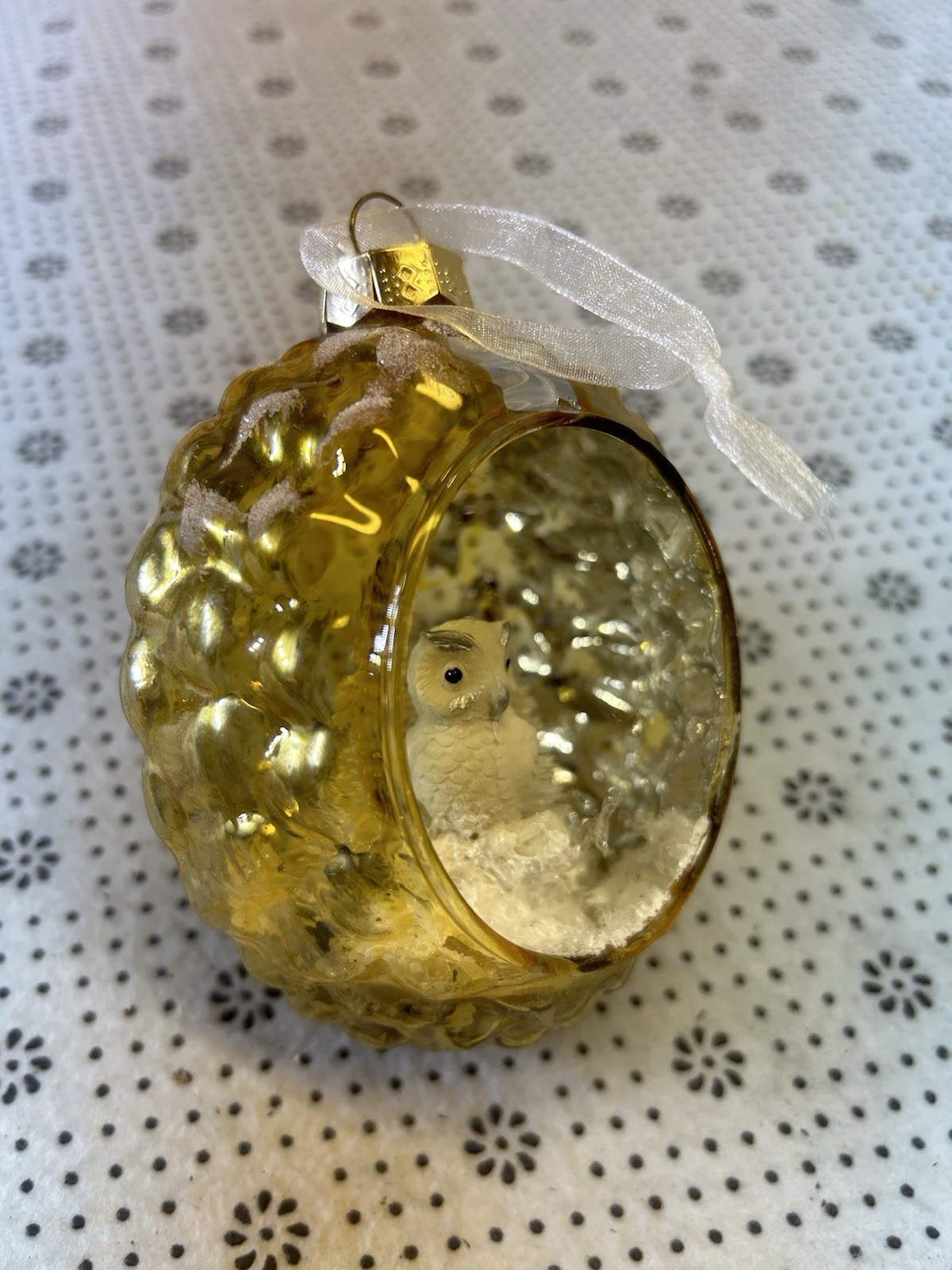 Mercury Glass Ball Owl Ornament 4″ Round Embossed Silver Finish