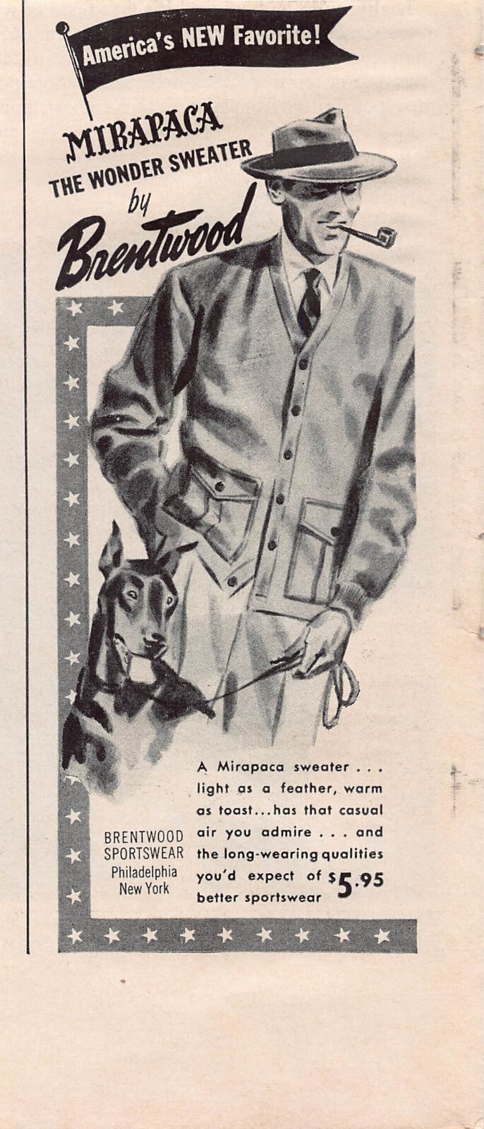 Brentwood Mirapaca Sweater Dobermann Dog Men Fashion Vtg Magazine Print Ad 1940s