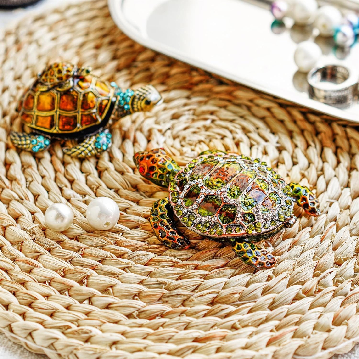 Small Turtle Trinket Jewelry Box Hinged Rhinestones Jeweled Painted Enameled Sea