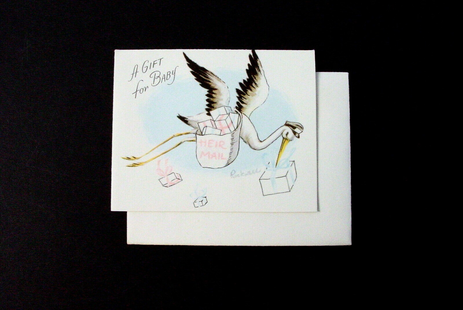 Vintage Unused Eve Rockwell New Baby Greeting Gift Card Stork Dropping off Box