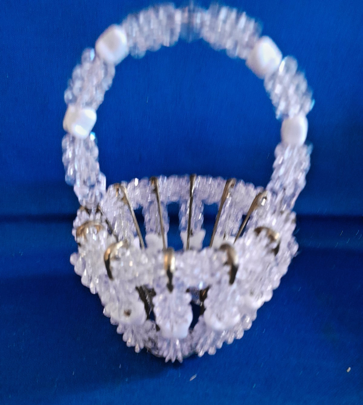 Vintage Safety Pin & Beads Basket Clear beads with White Butterfly’s Hand Made