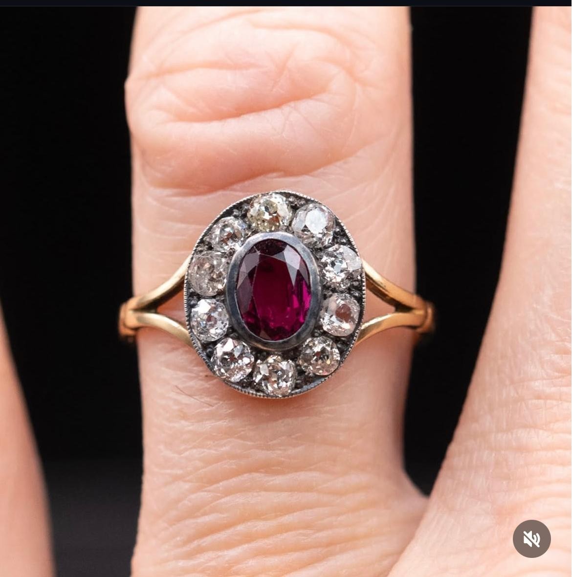 Ruby & Diamond Halo Ring Oval Cut Red Gem Vintage Style 14K Gold Finish Jewelry