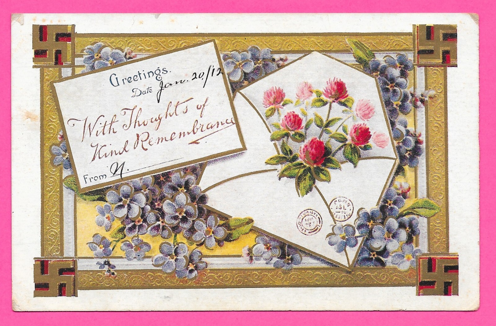 Greetings with Thoughts of Kind Remembrance – Posted 1912 Central SC – Postcard