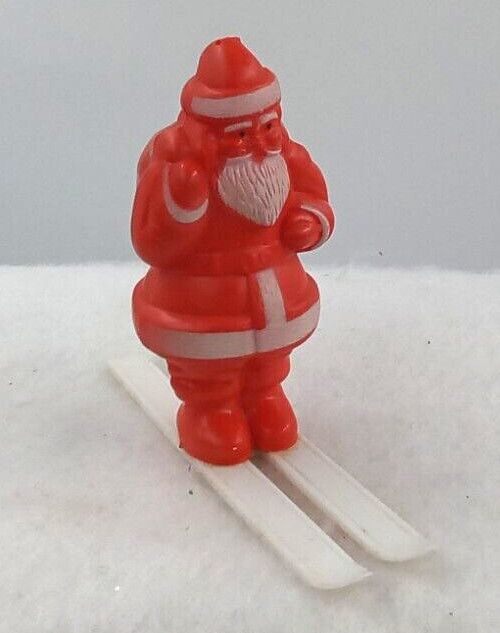 Skiing Santa Ornament Figurine Christmas Red White Plastic Boots Bag Vintage 3″