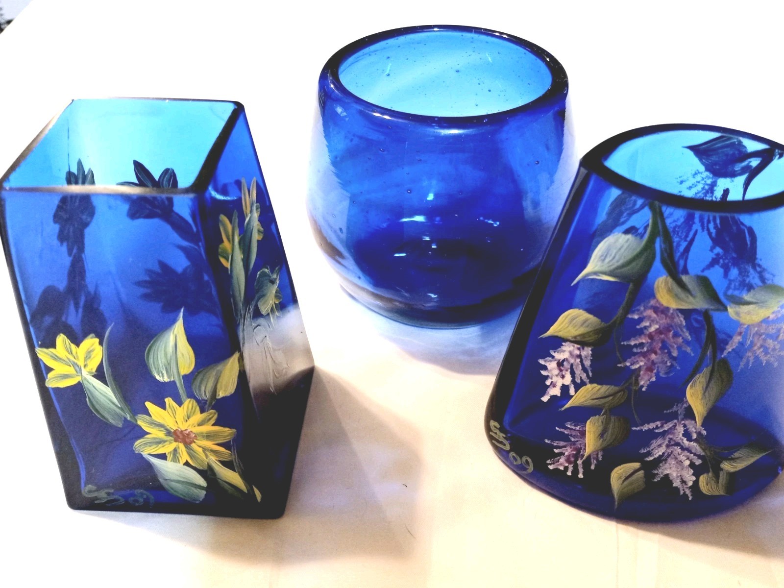 Cobalt Blue Decorative Hand Painted Florals Signed Glass & Blown Glass 3 Pcs
