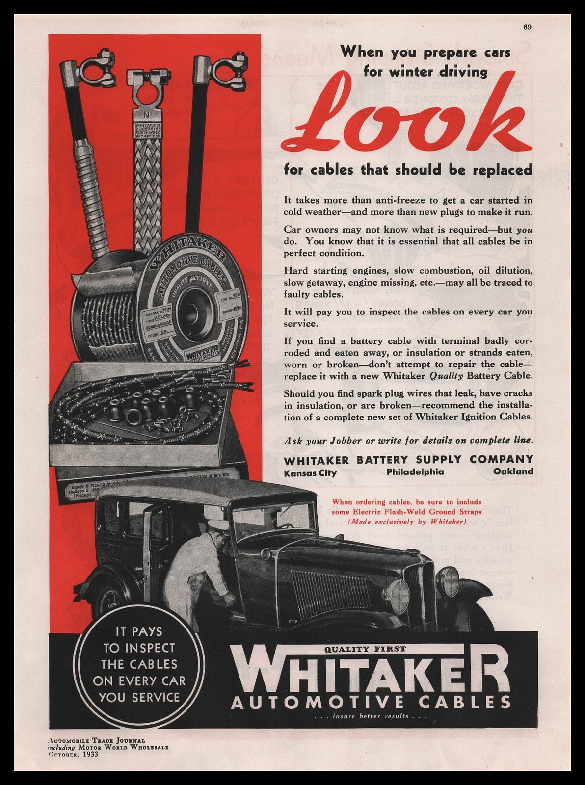 1933 Whitaker Battery Supply Company Photo Cable Inspector Vintage Print Ad