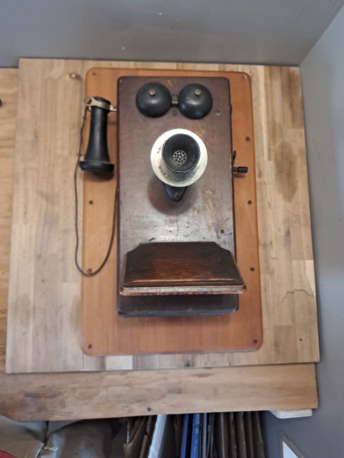 Early Leich Co Electric Antique Hand-Crank Oak Wall Phone W All Internal Parts