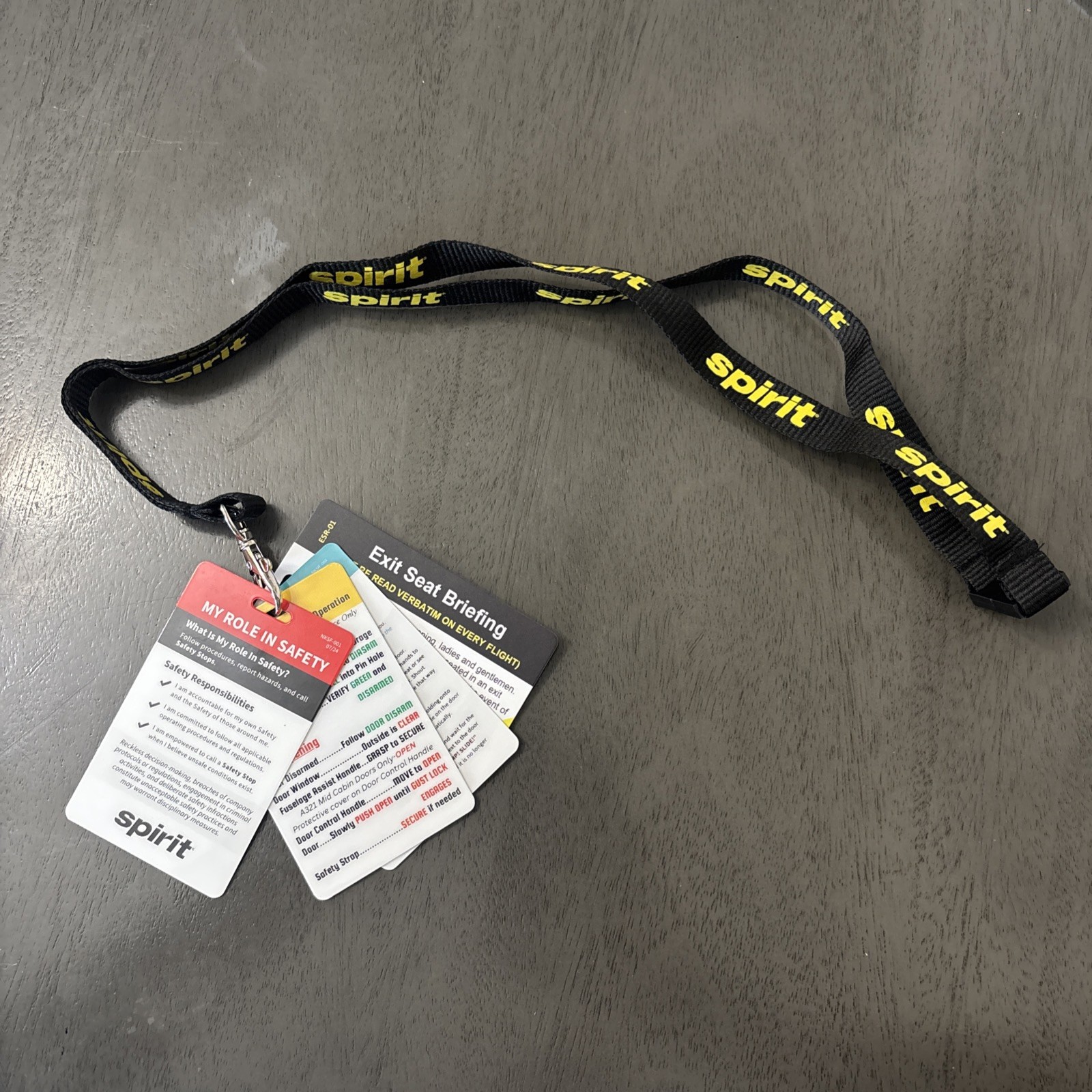 Spirit Airlines Crew Lanyard w/ Exit Row Briefing Card Flight Attendant Used