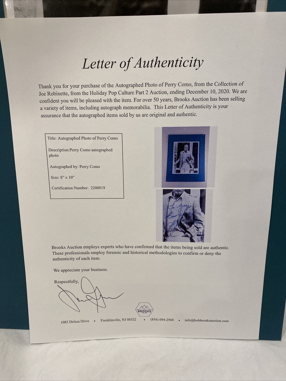 Authographed Signed, Matted Photograph Of Perry Como w Letter of Authenticity