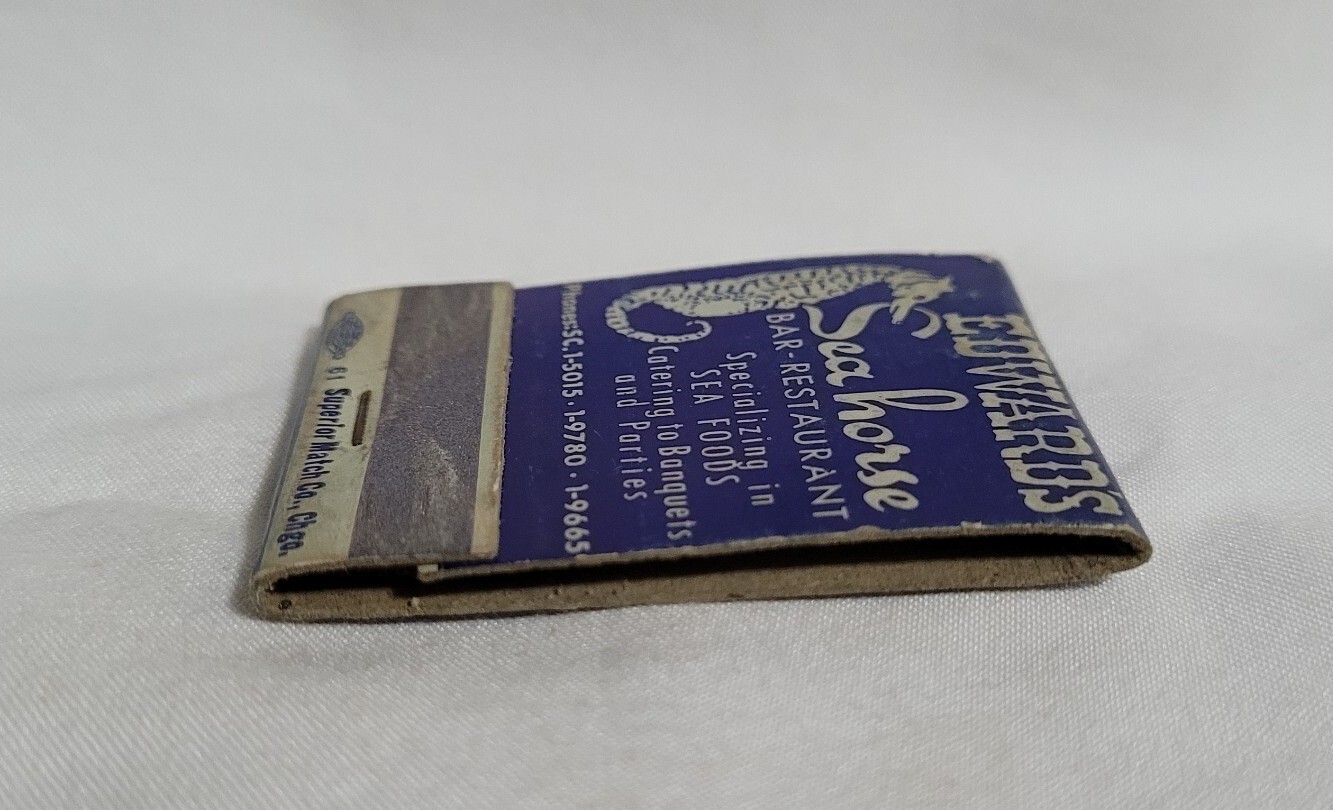 Vintage Matchbook Cover Edwards Seahorse Restaurant Bar Advertising