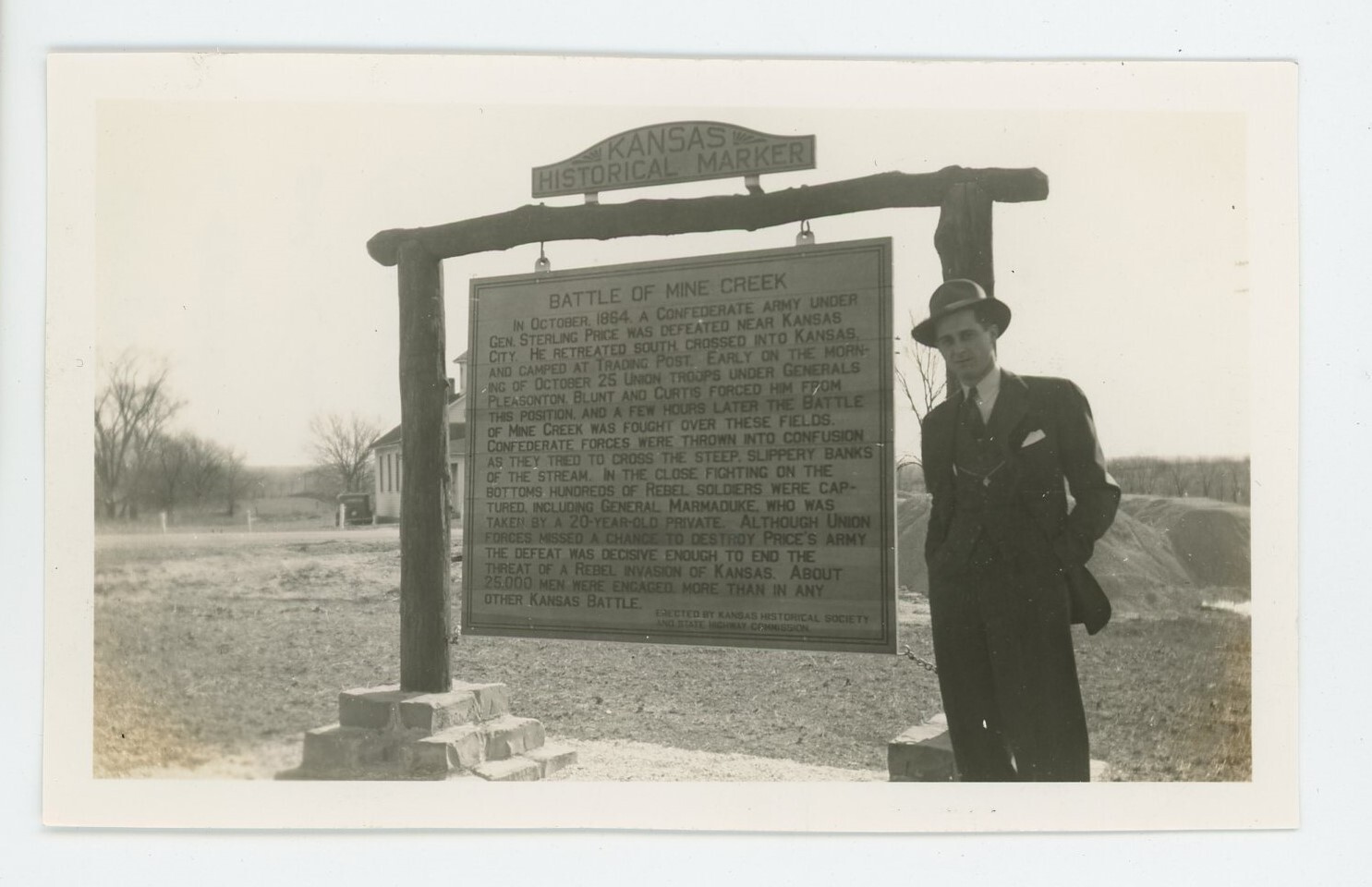 Vintage Photo Dapper Gent Historical Marker Battle Of Mine Creek HWY 69 KS 1940s