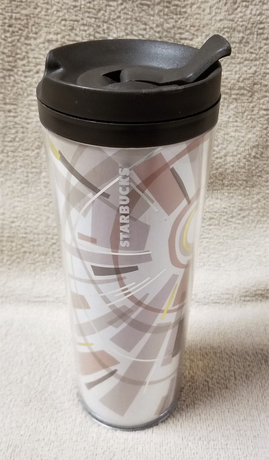 Starbucks 16 oz Travel Mug Tumbler Plastic with Lid 2012 White Tan Sunburst EUC