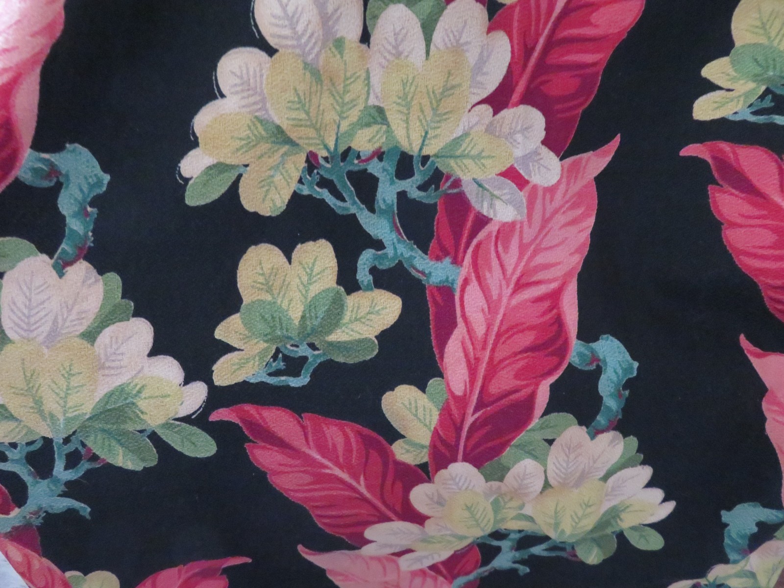 Vintage FLORIDA BEACH meets DECO DRAMA Baby Pinks&Lime Green on BLACK Barkcloth