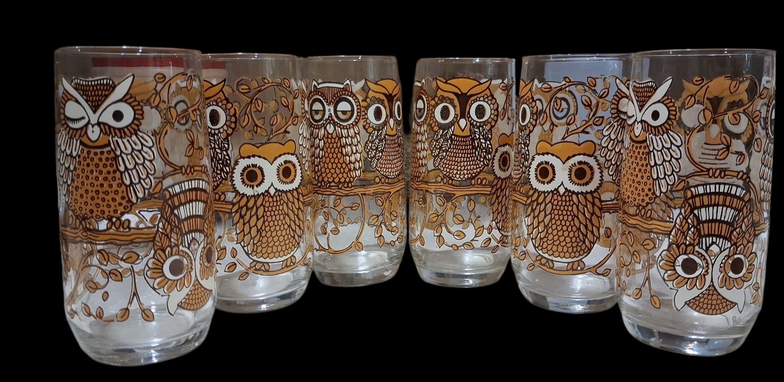 Vtg 1970’s Adorable Set Of 6 Libbey 16oz Tumblers W/Owl Motif No Cracks Or Wear