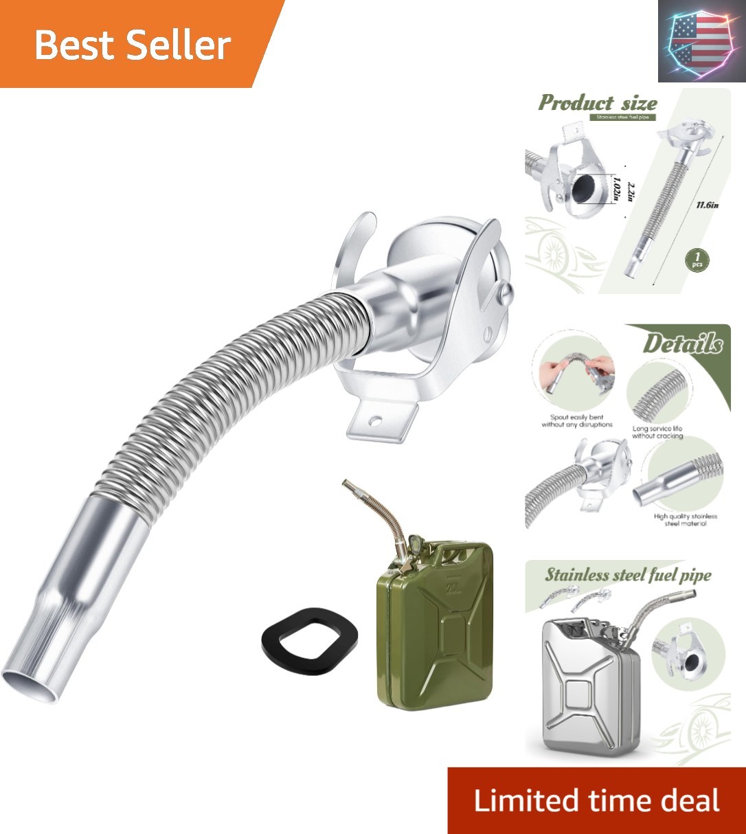 1 Pcs Flexible Jerry Can Spout Stainless Steel Long Nose Spout Replacement Co..,