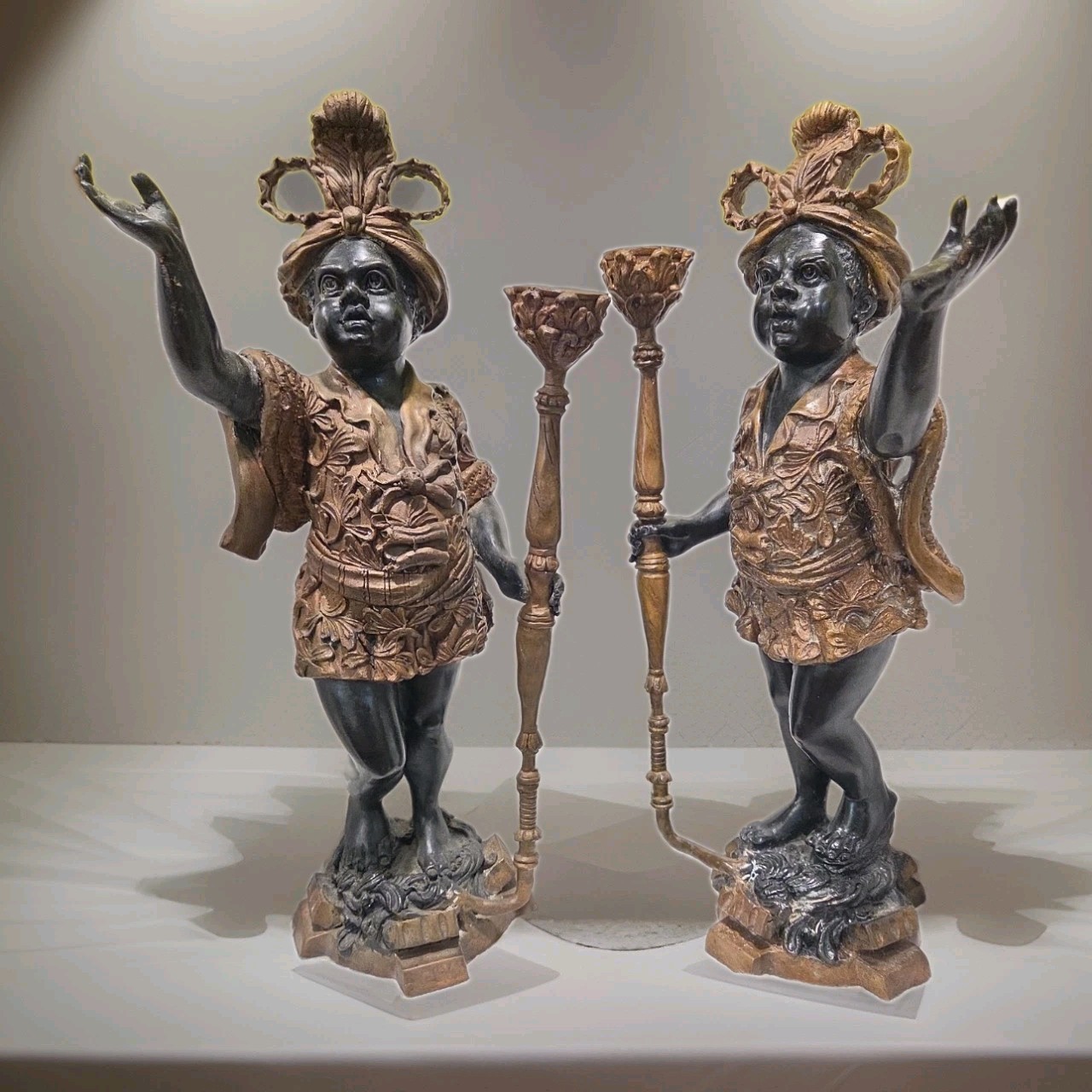 ​Pair Antique Bronze Blackamoor Candle Holders Venetian Figural Candlesticks 16′