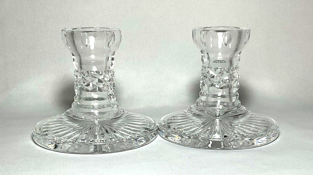 WATERFORD ~ Set (2) Crystal Single Light 3.75″ CANDLESTICKS (Lismore)~ Ireland