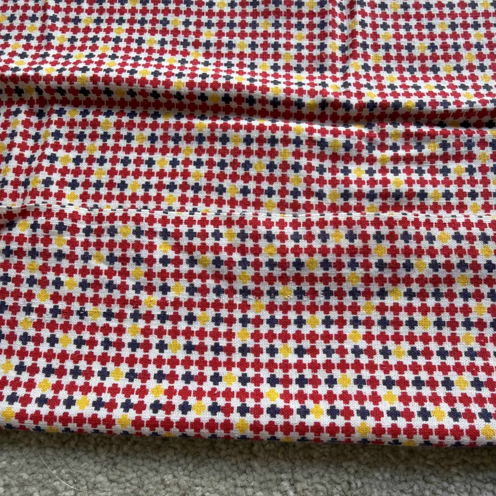 VTG Cloth FEED SACK, Complete & UnOpened Seams Cord Red Blue Plus Sign 21” x 35″