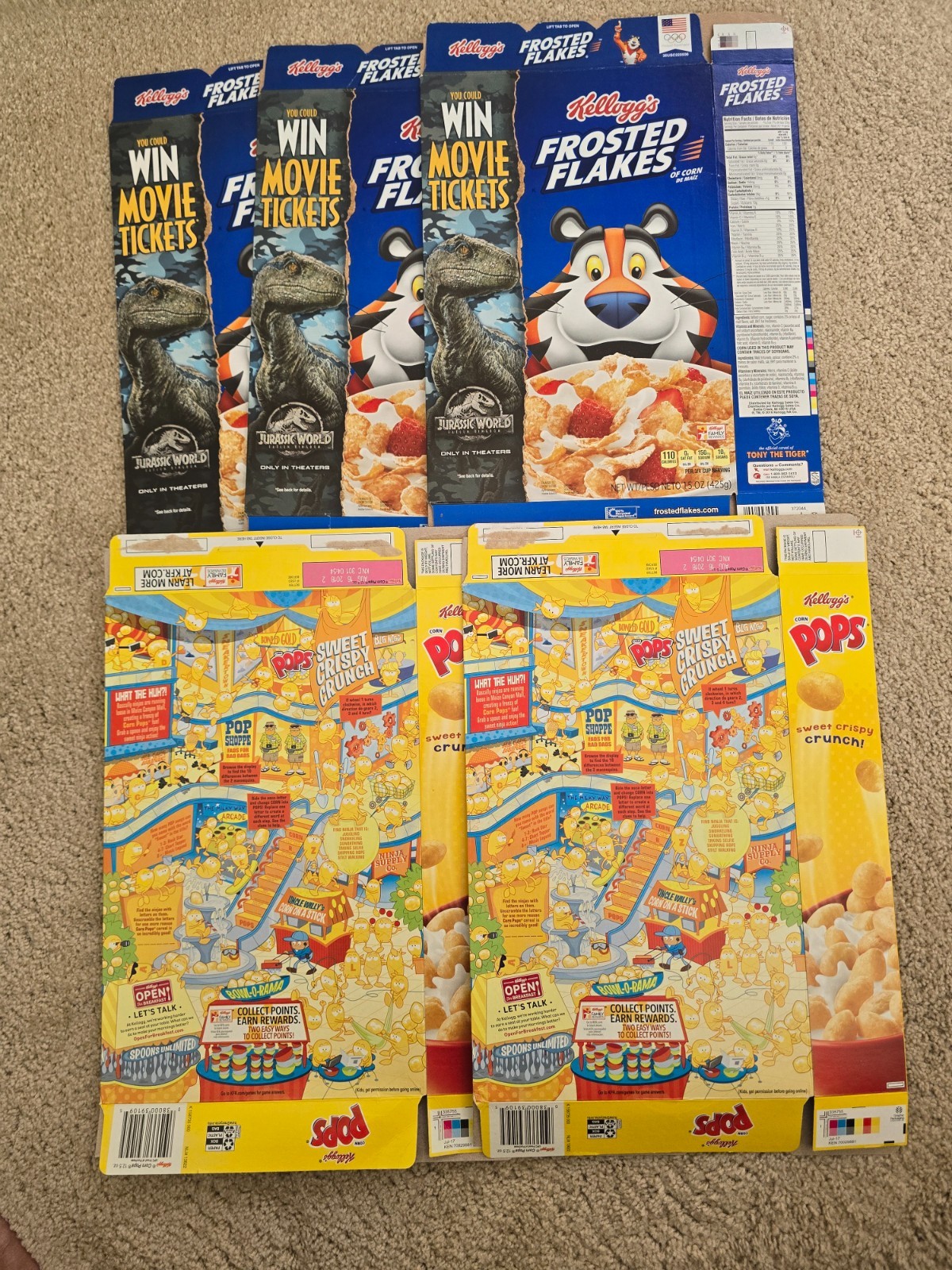 Kellogg’s Cereal box (empty) Corn Pops (recall), Frosted Flakes Jarassic Park