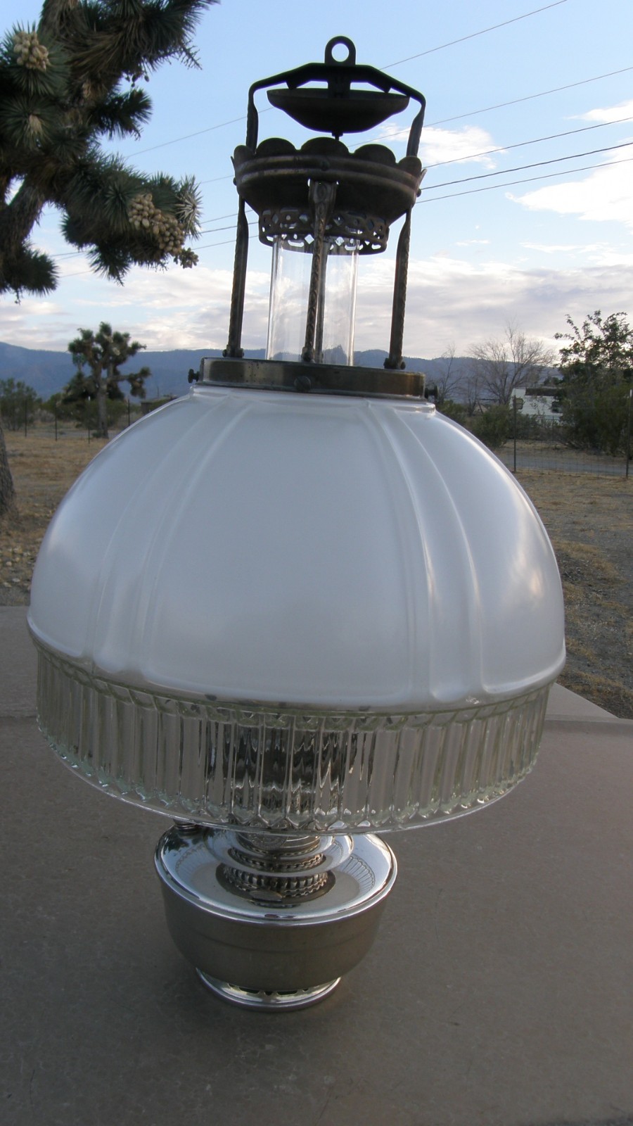 ALADDIN MODEL 12, 4-POST HANGING OIL LAMP, SHADE, CHIMNEY, AND BURNER COMPLETE