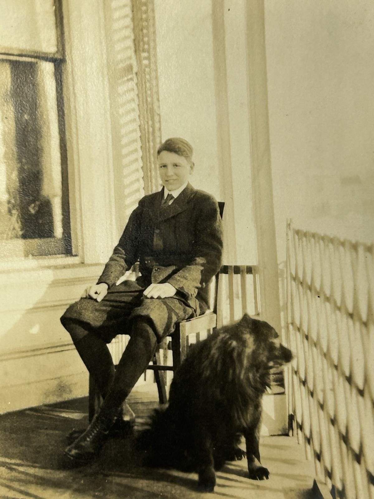 Vintage Photo Young Man Pet Dog Porch Chair Sunshine