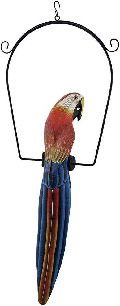 25″ WOOD RED PARROT HANGING PERCH CARVING PAINTING HEAD ART AFRICAN TROPICAL