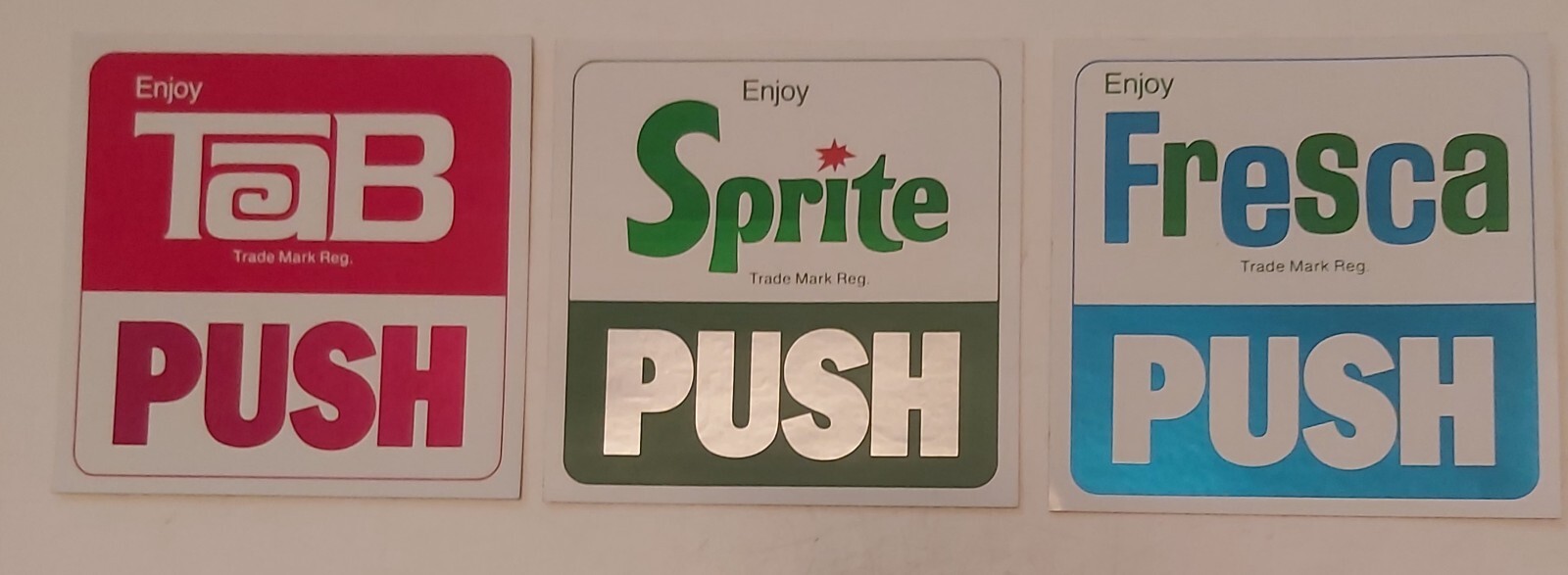 SET OF THREE DIFFERENT PALM PUSH “TAB, SPRITE & FRESCA” ADHESIVE BACK DECALS