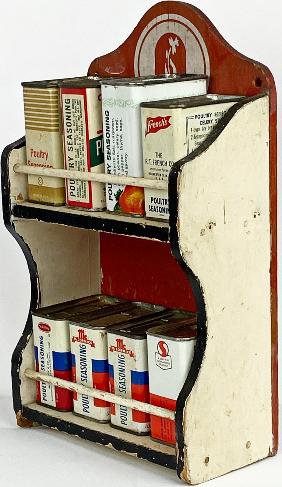 Vtg POULTRY Seasoning Spice 8 RARE Farmhouse Tin Lot w/ 1930 RACK Kitchen Decor