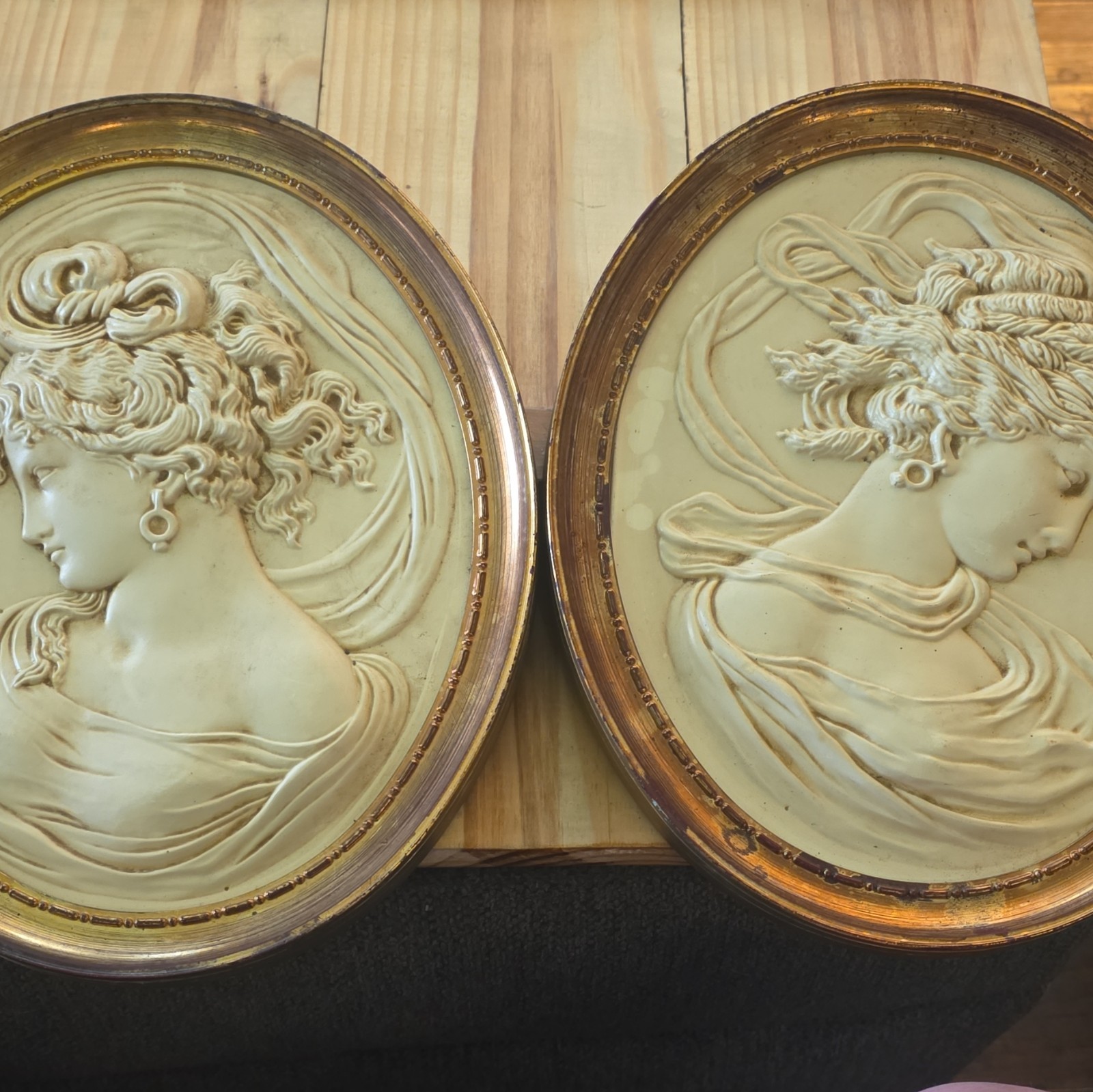 Turner Oval Relief Cameo Plaques Pair Mid Century Hollywood Regency