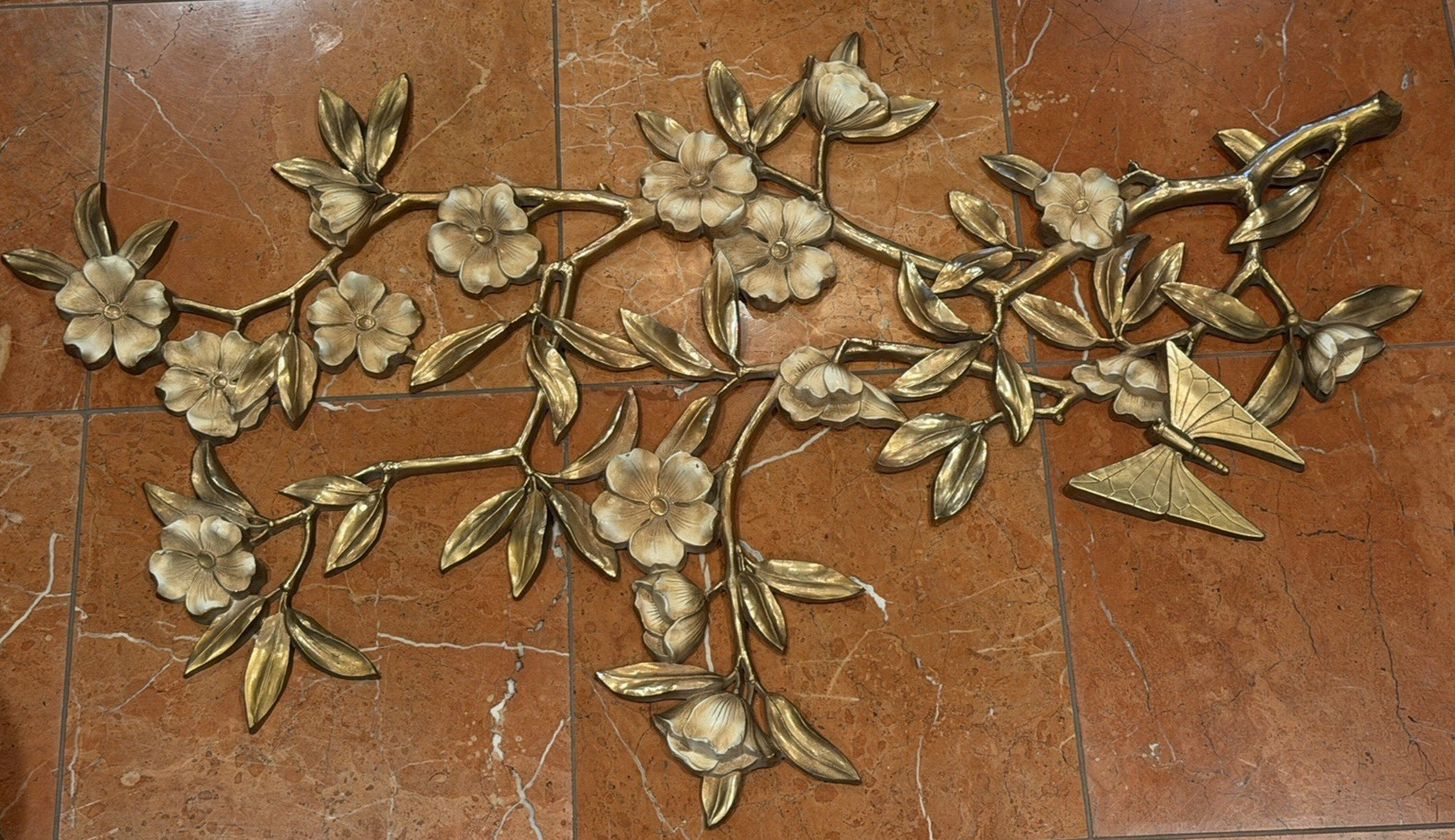 SYROCO 4562 HOLLYWOOD REGENCY GOLD WALL ART DOGWOOD FLORAL BUTTERFLY 1962 MCM EU