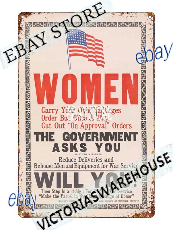 Tin Sign 1914 Women Carry Packages Support War Poster restaurant pub