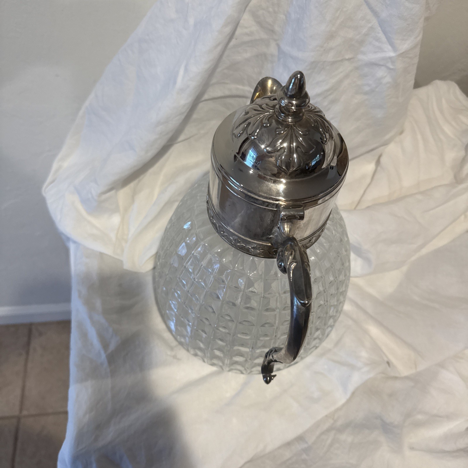 Vintage Beverage Pitcher Pressed Glass Embossed Silver Plate Ice Cube Tube Italy