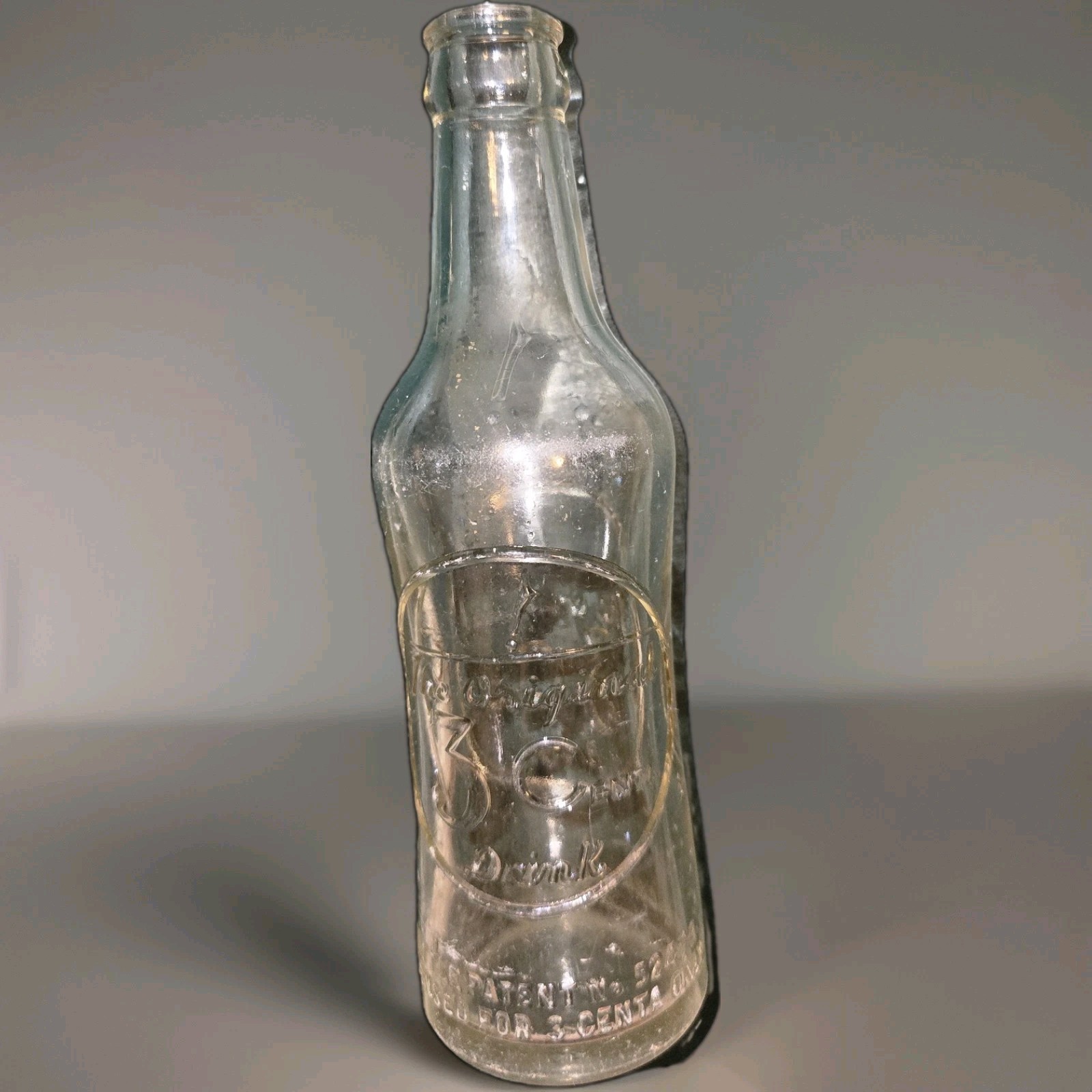 The Original 3 Centa Drink EMBOSSED Clear Vintage Soda Bottle NO TOWN VINTAGE