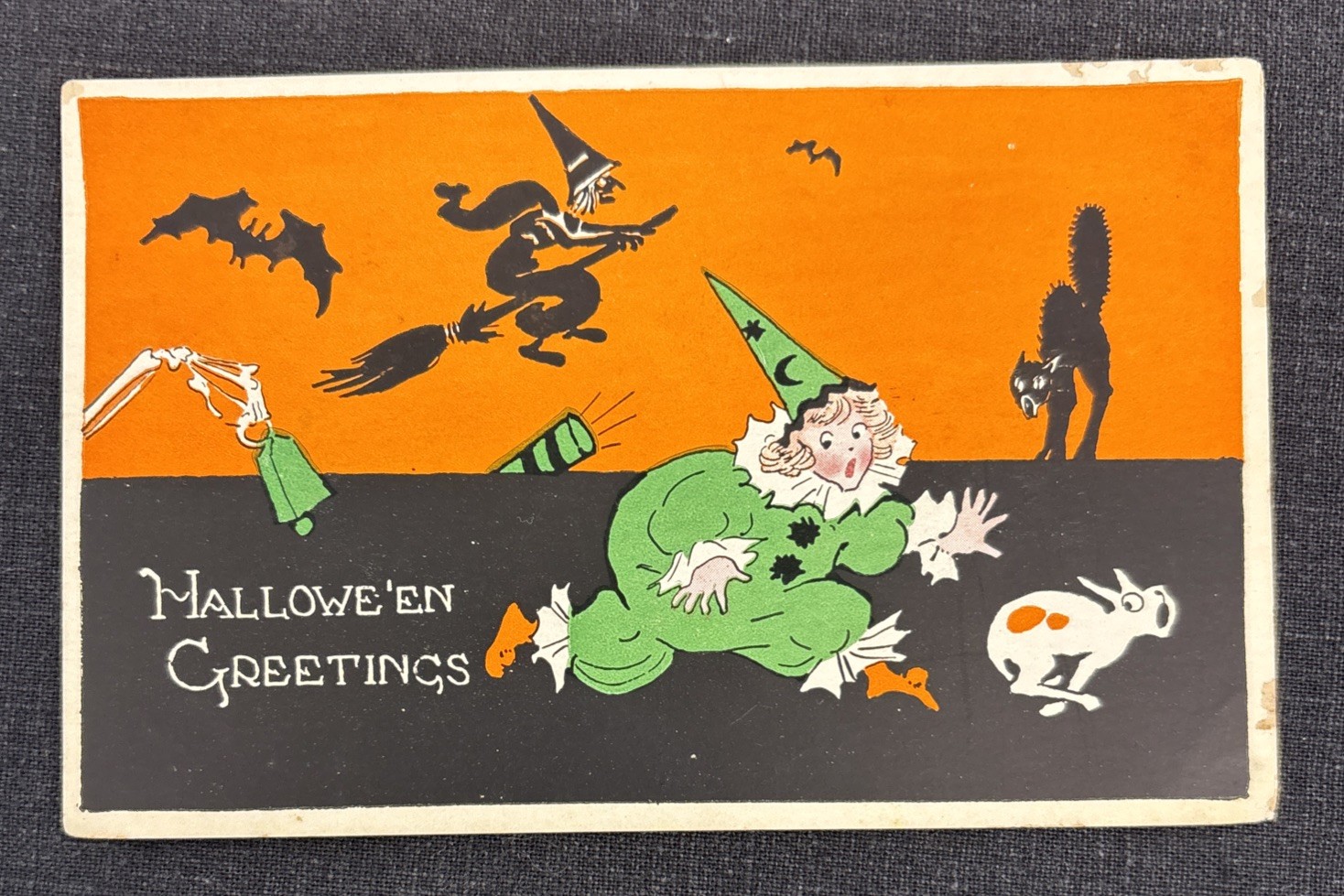 Vintage Halloween Postcard Gibson Running Clown Witch Bat Black Cat Dog Antique