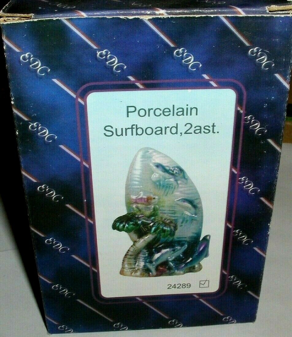 Porcelain Surfboard,Fish & Dolphins Figurine..5 3/4 Inches Tall,New-: Free To US