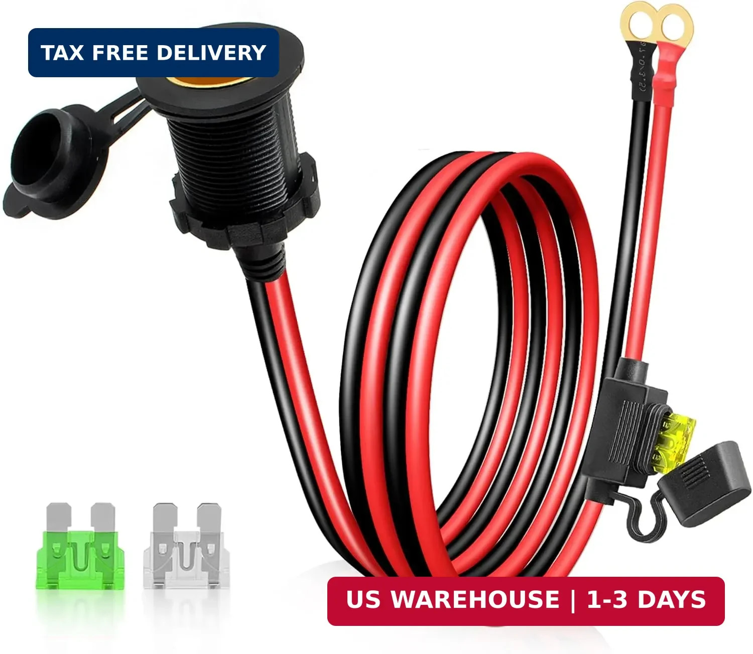 Female Cigarette Lighter Socket to Battery Ring Terminal 3FT 12V/24V, Heavy Duty