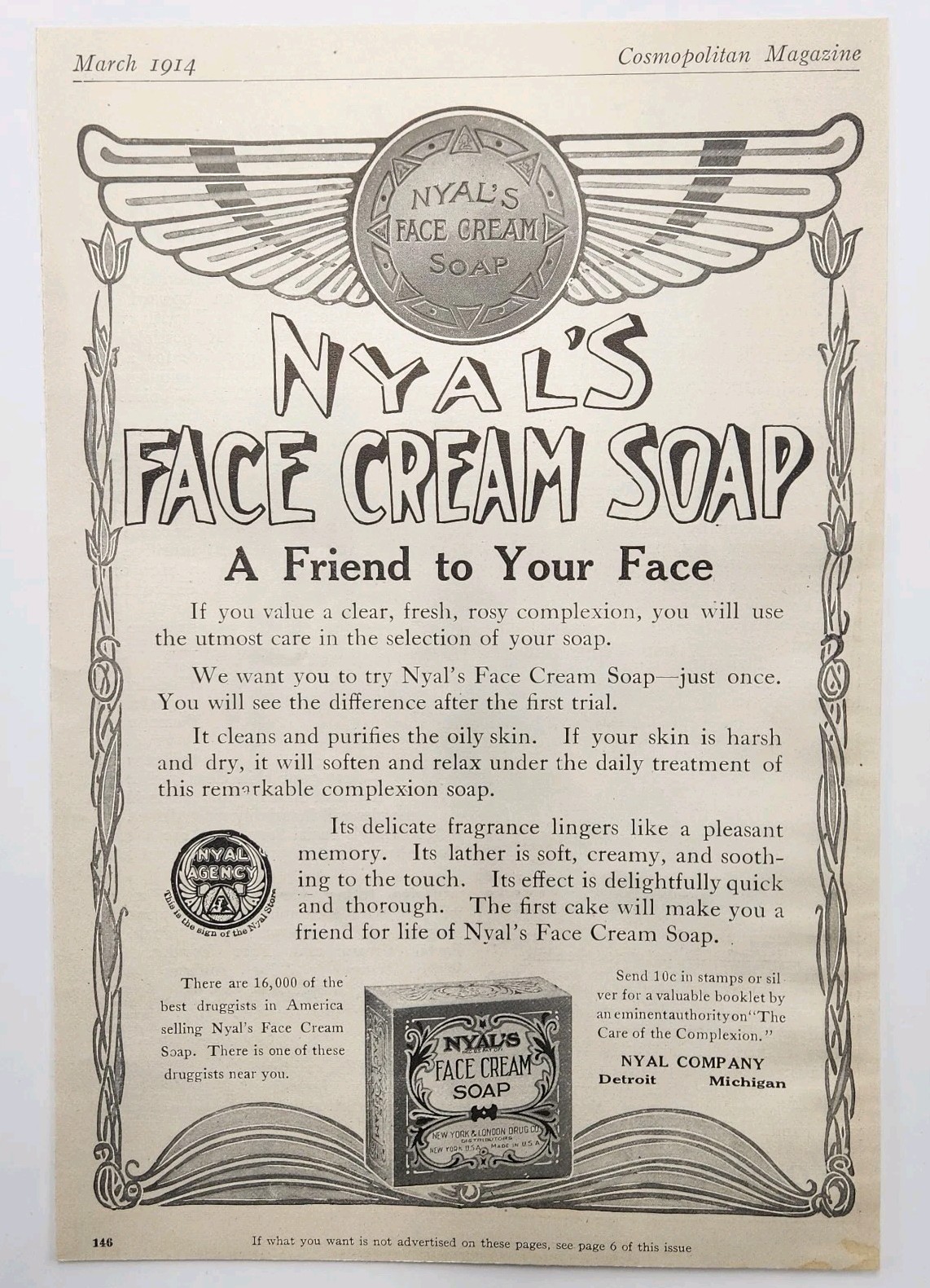1914 Nyals Face Cream Soap Original Print Ad 1910’s Detroit MI