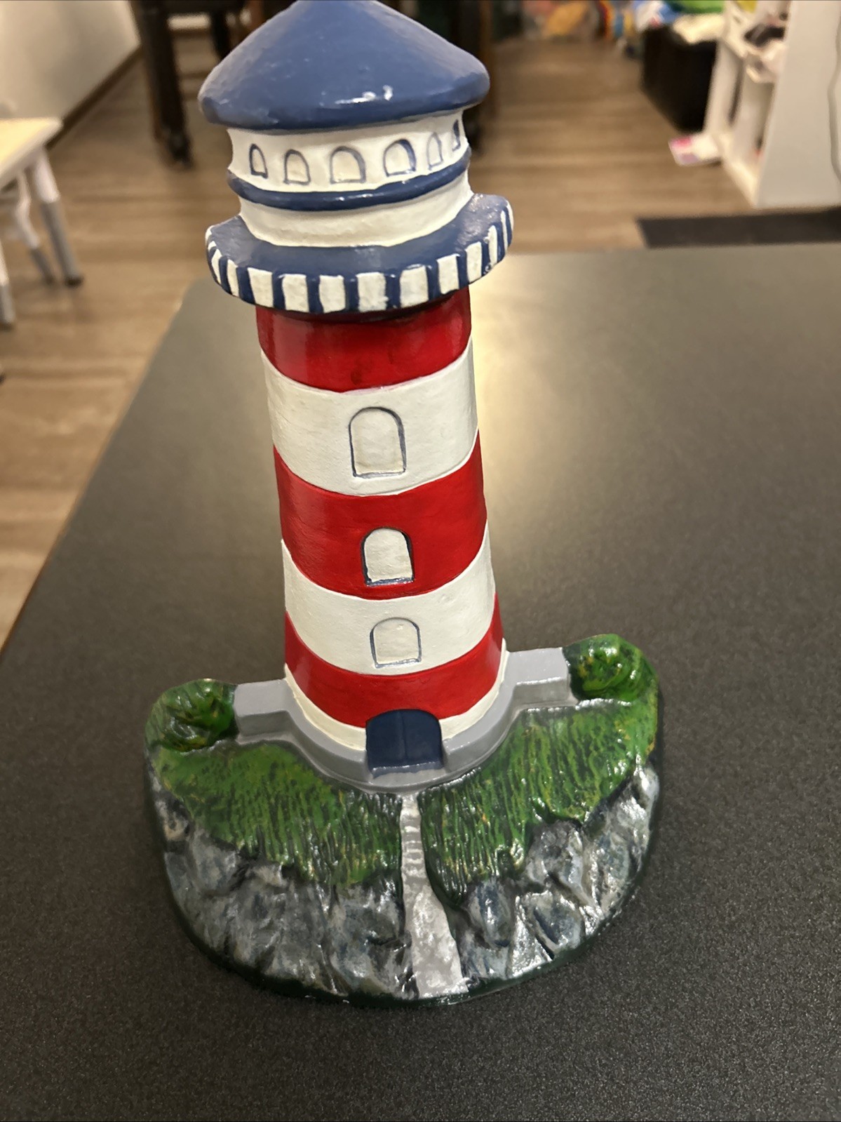 Large Cast Iron Heavy Lighthouse Doorstop 12×9.5×4 Inches Original Paint Vintage