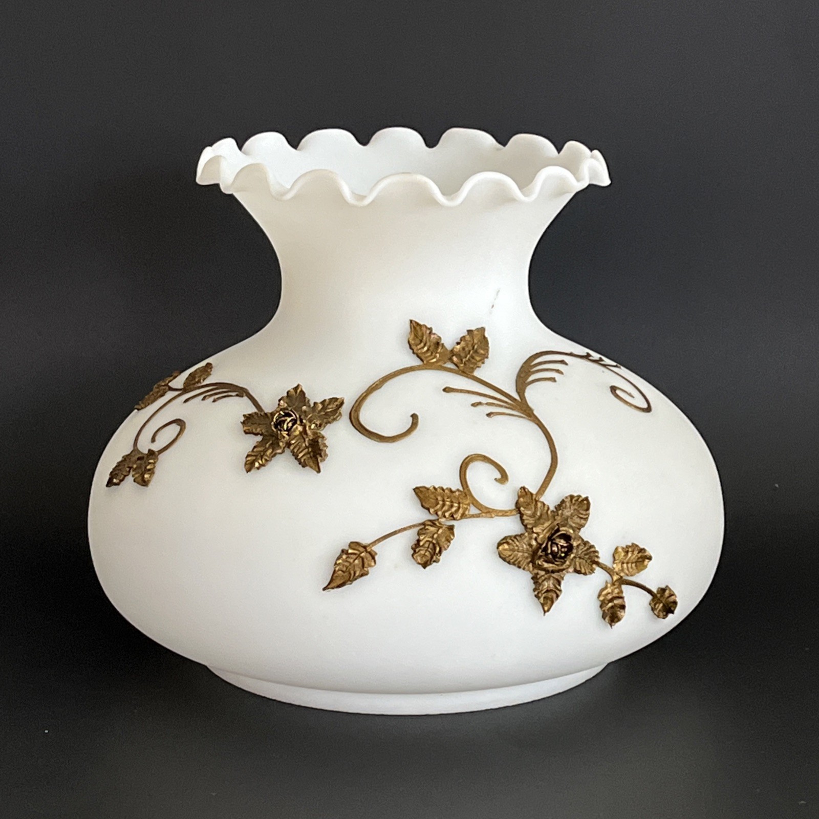 Vintage 7” Fitter White Jeweled Hurricane Oil Or Electric Glass Tam Lamp Shade