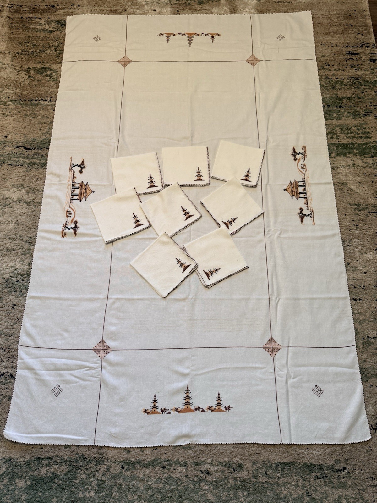 Vintage Asian Inspired Hand Embroidered Temple Cotton/Linen Tablecloth 79” x 49”