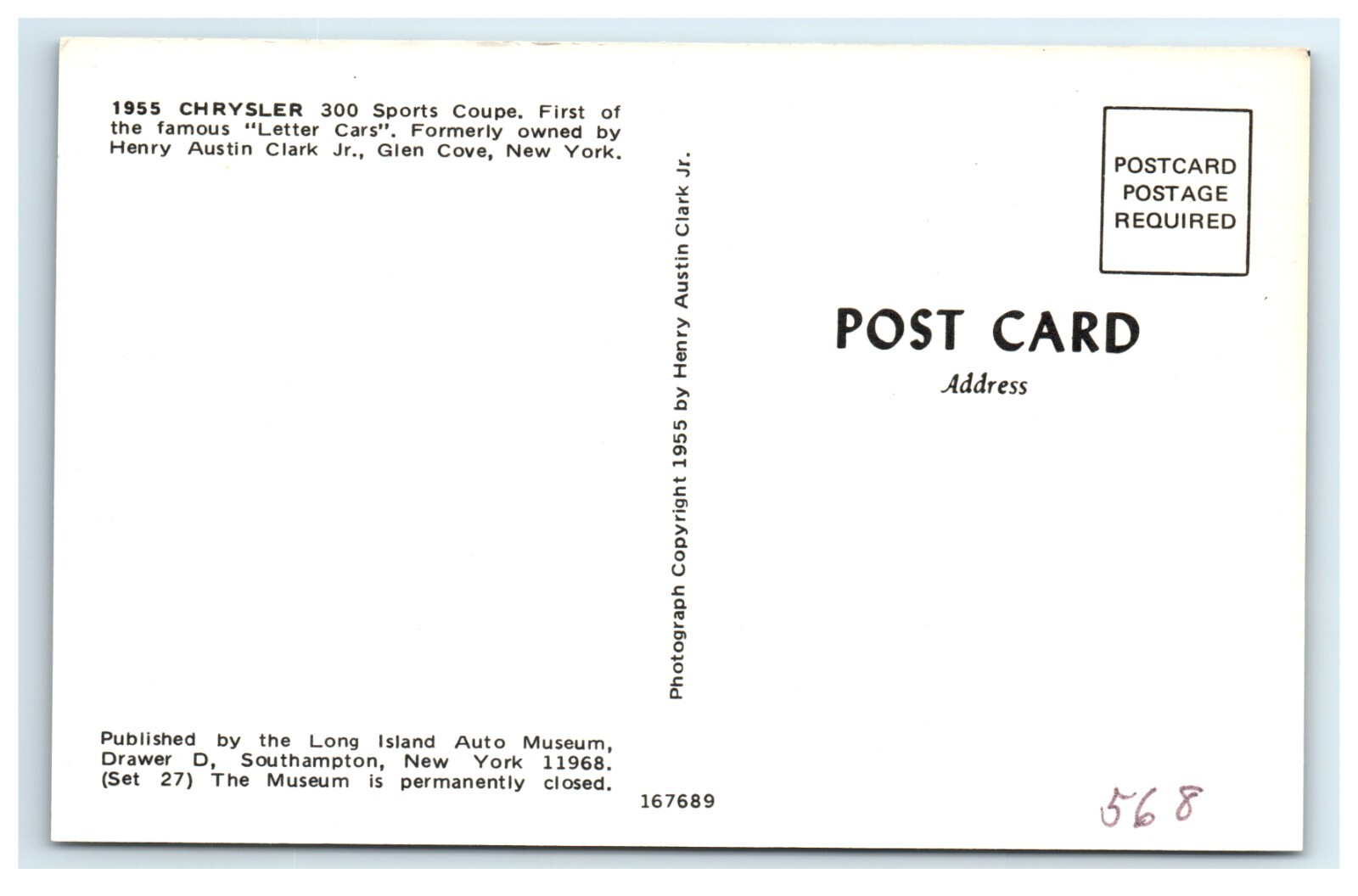 1955 Chrysler 300 Sports Coupe Car Early Automobile Postcard
