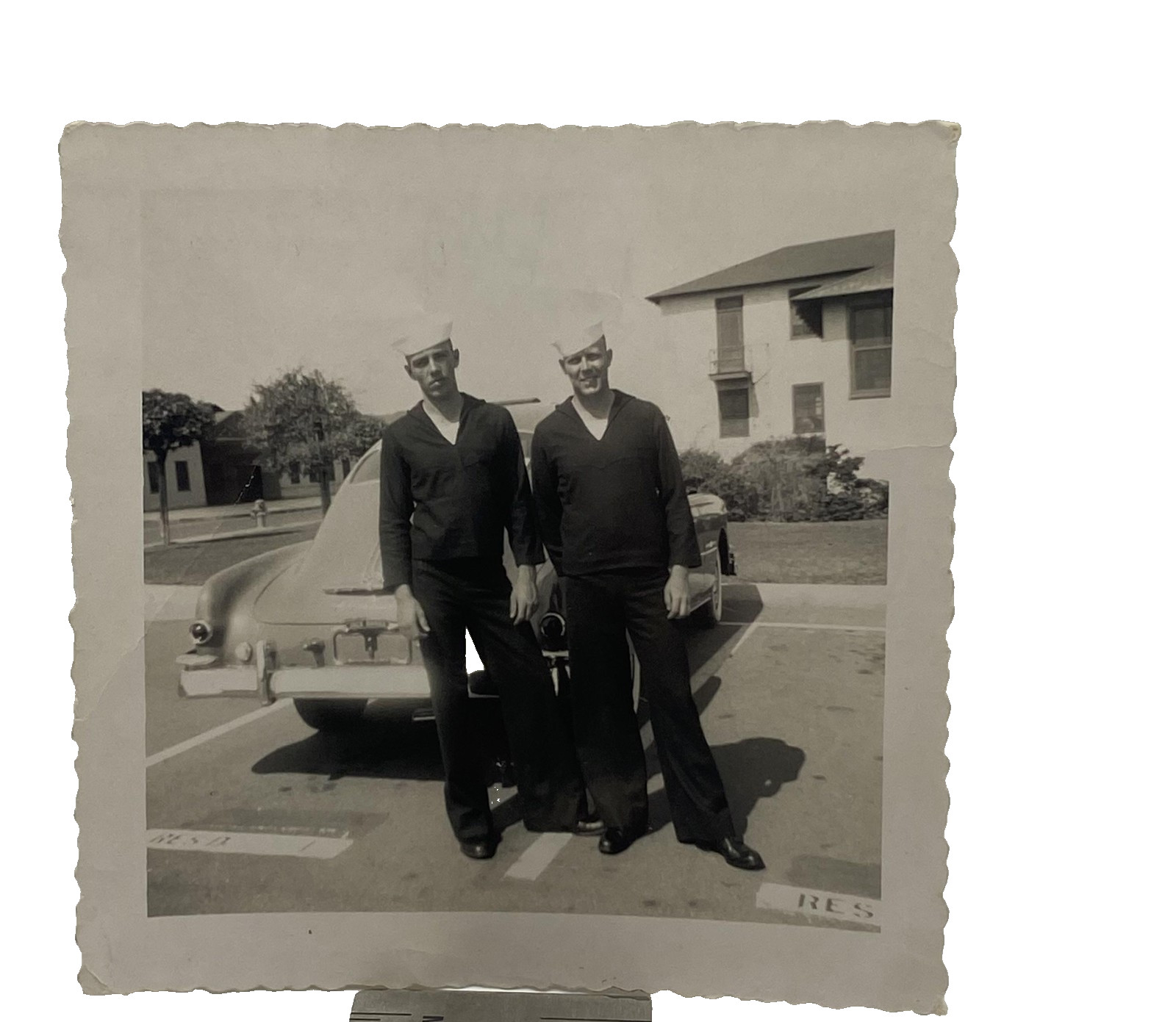 Vtg 1940s Navy Sailors Snapshot Photo Scalloped Edge B&W Military Men