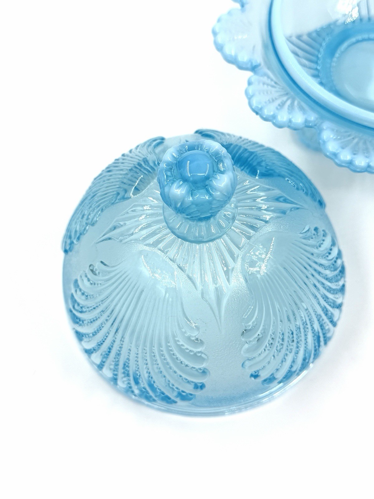 Mosser Glass Light Blue Shell Pattern Dome Butter Dish, Made Cambridge, Ohio